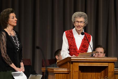 Louise Bentley, scholarship committee chair of the Union Auxiliary, speaks on the accomplishments Lanese Dockery made while serving as first lady of Union University. - Photo by Jacob Moore
