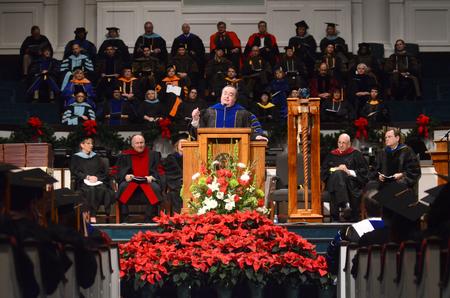 J. Michael Duduit, dean of the College of Christian Studies, Anderson University, encourages graduates to 'be dangerous' in the commencement address at Fall Commencement Services. - Photo by Amanda Rohde