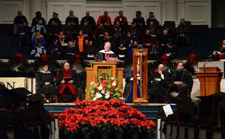 David S. Dockery, president of the university, accepts the honorary degree of Doctor of Letters at Fall Commencement Services at West Jackson Baptist Church. - Photo by Amanda Rohde