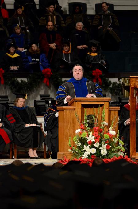 J. Michael Duduit, commencement speaker and dean of the College of Christian Studies at Anderson University, speaks to graduates during  Fall Commencement Services at West Jackson Baptist Church.  - Photo by Anne Richoux