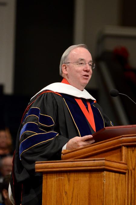 David S. Dockery, president of the university, expresses his gratitude after receiving an honorary doctor of letters degree during Fall Commencement Services at West Jackson Baptist Church.  - Photo by Anne Richoux