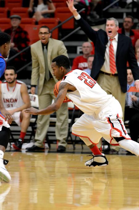 Bulldog Corieon Pearson drives toward the basket during a game against University of West Georgia in Fred DeLay Gymnasium.  - Photo by Anne Richoux