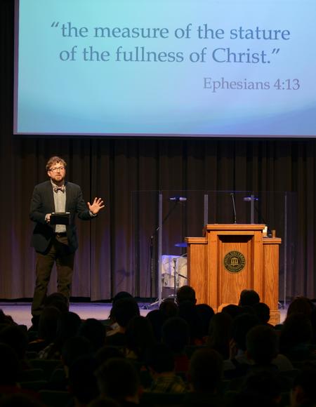 Taylor Worley, assistant vice president for university ministries, speaks in chapel on "The Last, but not Least, Fruit of the Spirit: Self-Control." - Photo by Jacob Moore