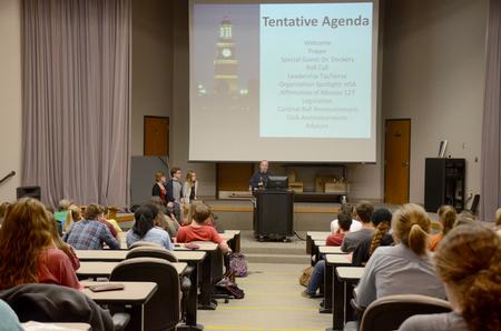 David S. Dockery, president of the university, takes questions from students about the recent events during a Student Senate meeting. - Photo by MiKalla Cotton