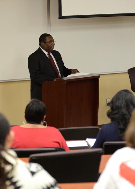 Frank Anderson, director of the associate of divinity program at the Stephen Olford Center, speaks to students, faculty, staff, and guests at the Town & Gown lecture series focusing on Christian perspectives on education, race and justice in Providence Hall.  - Photo by Anne Richoux