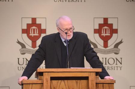 Timothy George, dean of Beeson Divinity School and professor of church history, speaks on "The Road to Barmen" in the Carl Grant Events Center during the Scholar-in-residence lectures. - Photo by Amanda Rohde