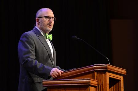 Nathan Finn, associate professor of historical theology and Baptist studies at Southeastern Baptist Theological Seminary, talks about God's calling in our lives during chapel. - Photo by Matt McDaniel