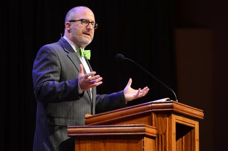 Nathan Finn, associate professor of historical theology and Baptist studies at Southeastern Baptist Theological Seminary, talks about God's calling in our lives during chapel. - Photo by Matt McDaniel
