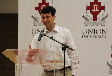 Mark Campbell, head women's basketball coach, speaks during a celebration of the Lady Bulldogs' NCCAA National Championship win. - Photo by Matt McDaniel