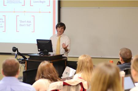 Zac McMillan, senior history major, gives his final presentation during the 11th annual Scholarship Symposium. - Photo by Anne Richoux