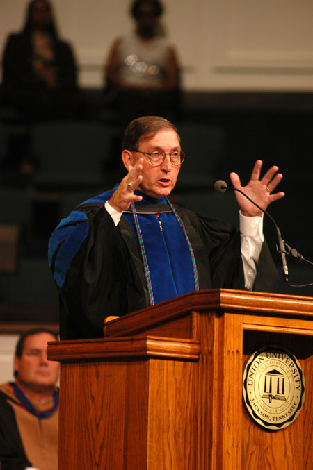 Dr. Thomas R. Rosebrough, dean of the college of education and human studies, delivers the commencement address titled "Which Way is Home?" during the August graduation service at West Jackson Baptist Church. - Photo by Morris Abernathy