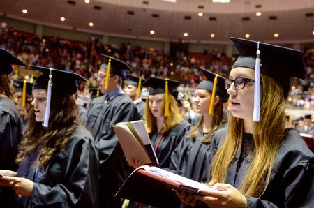 Shea Wingate, political science graduate sings the alma matter at the closing of Union University's 189th Spring Commencement Services. - Photo by Kathleen Murray