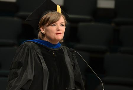 Provost Emeritus Carla D. Sanderson, who retired May 31, delivered the commencement address, entitled “Headline News: Your God Reigns.” She urged the graduates to think not in terms of their own limitations, but rather in terms of what God can do through them.  - Photo by Morris Abernathy