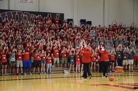 The Fred Fanatics lead the new students in cheers at the Spirit Rally Run in the Fred DeLay Gymnasium during Focus weekend. - Photo by MiKalla Cotton