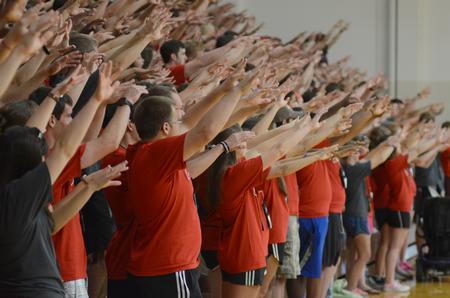 New students learn team cheers from the Fred Fanatics at the Focus Spirit Rally Run. - Photo by Emily Stookey