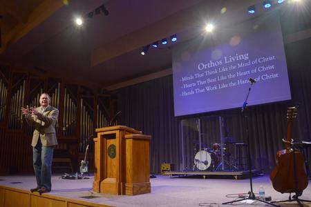 Todd Brady, vice president for university ministries, talks about "Orthos Living" at the chapel service for new students and their families.
 - Photo by Emily Stookey