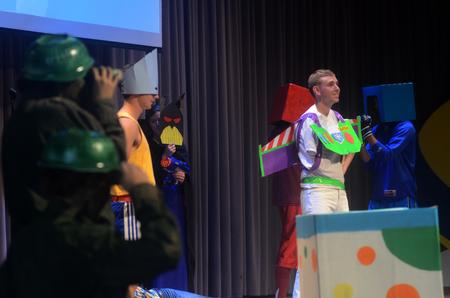 Haaken Magnuson, senior biology major, performs as Buzz Lightyear for the Focus Show. - Photo by Amanda Rohde