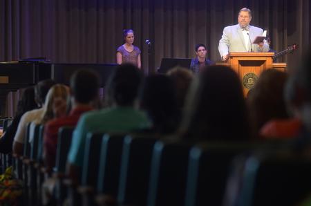 Ben Mitchell, provost and vice president for academic affairs and Graves professor of moral philosophy, welcomes students to chapel and introduces the speaker.
 - Photo by Amanda Rohde