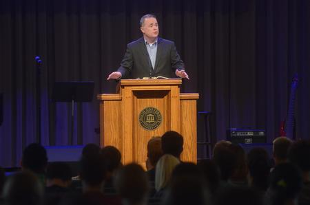 Todd Brady, vice president for university ministries, preaches from the book of Joshua in the G.M. Savage Memorial Chapel. - Photo by Amanda Rohde