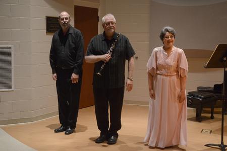 Union University Department of Music faculty Terry McRoberts, David  McClune and Georgia Wellborn take a bow after Dr. Wellborn's Faculty Voice Recital in Hartley Hall. - Photo by Emily Stookey