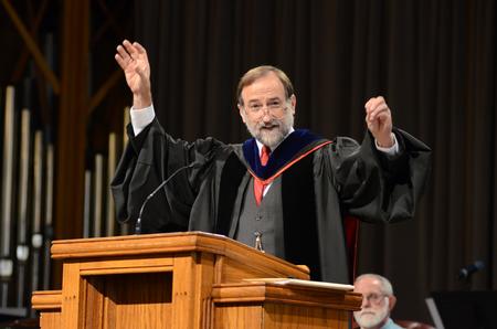 Hal Poe, Chuck Colson professor of faith and culture, speaks on the downfall of the 20th century during chapel. - Photo by Emily Stookey