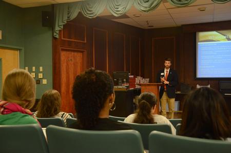 Freshmen and sophomores listen intently as Ben Burleson, programming coordinator for the Vocatio Center for Life Calling and Career, talks about strategies for success at the Vocatio Center's Momentum seminar. - Photo by Emily Stookey