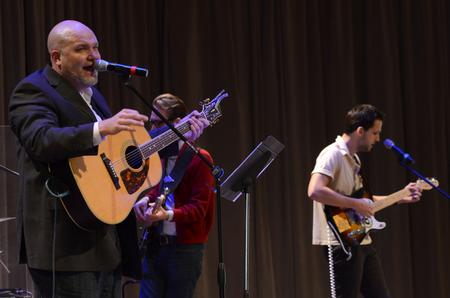 Russ Pflasterer, leads worship with the band including Jay Griffith, senior English major, in chapel during GO Week. - Photo by MiKalla Cotton