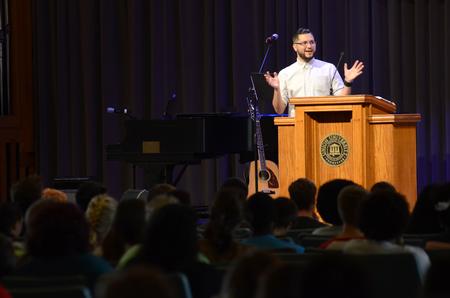D.A. Horton, National Coordinator for Urban Students at the North American Mission Board, captivates students' attention with his contemporary demeanor as he speaks in chapel during GO Week. - Photo by MiKalla Cotton