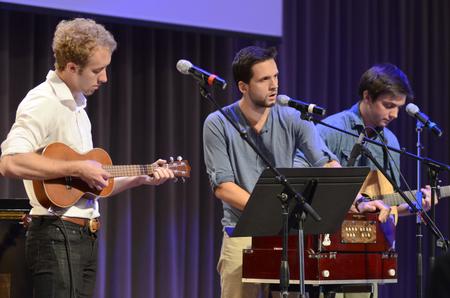 Zach Lancaster, junior art major, Jay Griffith, senior English major, and Zach Clemmons, senior Christian thought and tradition major, lead music for Friday's GO Week chapel service. - Photo by Emily Stookey