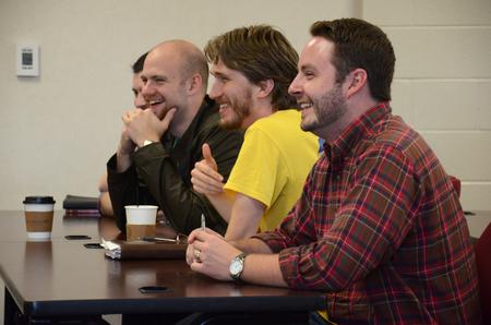 Stephen Ballard, junior biblical studies and languages major, Eric Wegner, sophomore Christian ministry and missions major, and Matthew Moore, senior Christian studies major, enjoy the seminary education panel hosted by Ministry Leadership in Jennings 325. - Photo by MiKalla Cotton