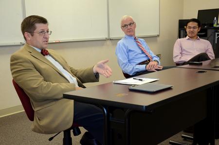 Ray Van Neste, professor of biblical studies, James A. Patterson, acting dean of the School of Theology and Missions, and Kevin Chen, assistant professor of Biblical studies, discuss share their wisdom in a seminary education panel hosted by Ministry Leadership. - Photo by MiKalla Cotton
