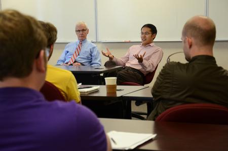 James A. Patterson, acting dean of the School of Theology and Missions, and Kevin Chen, assistant professor of biblical studies, answer students' questions in a seminary panel hosted by Ministry Leadership. - Photo by MiKalla Cotton