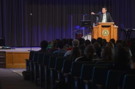 Chad P. Wilson, president of Foundation Bank, speaks in chapel about “Created to Work:  A Gospel Grid for Viewing Work.” - Photo by Amanda Rohde