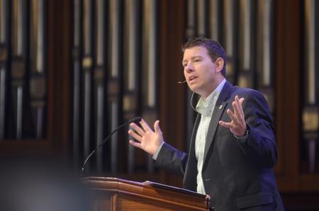 Chad P. Wilson, president of Foundation Bank, speaks in chapel about “Created to Work:  A Gospel Grid for Viewing Work.” - Photo by Amanda Rohde