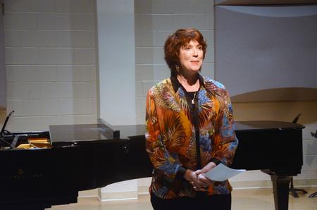 Composer Barbara Harbach introduces her compositions for her guest recital. - Photo by Amanda Rohde