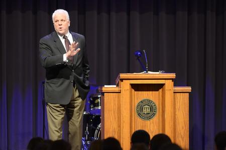 Mike Glenn, senior Pastor of Brentwood Baptist Church in Nashville, Tennessee, speaks about deaf ministry in chapel for Faith in Practice Week in the G.M. Savage Memorial Chapel. - Photo by MiKalla Cotton