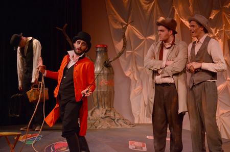Samuel Edgren, Christian Al-Hagal, Matthew Wallace and Nick Fleming perform a scene in “Waiting for Godot: A Tragicomedy in Two Acts." - Photo by Emily Stookey