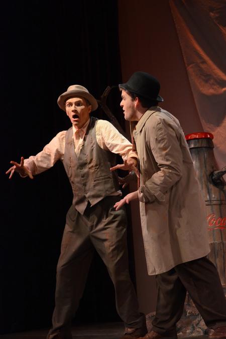 Estragon, portrayed by Nick Fleming, and Vladimir, portrayed by Matthew Wallace, believe that Godot is finally coming to meet them in a scene from "Waiting for Godot." - Photo by Emily Stookey