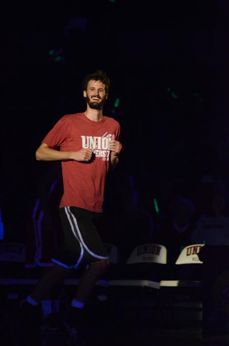 Shane Caver, senior engineering major, is introduced before the student/faculty scrimmage at Bulldog Madness. - Photo by Meg Rushing