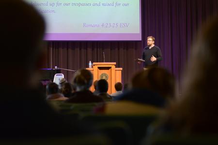 Taylor Worley, assistant vice president for university ministries, speaks in the G.M. Savage Memorial Chapel. - Photo by MiKalla Cotton