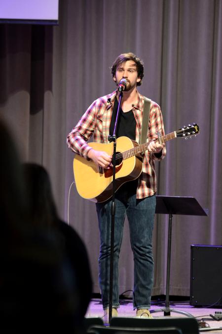 Nathan Shoemaker, sophomore music major, leads worship in a chapel service in G.M. Savage Memorial Chapel. - Photo by Meg Rushing