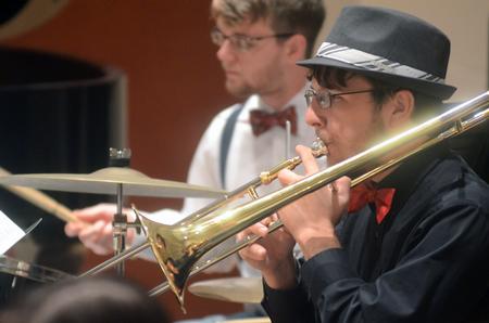 Ryan Shaw, junior computer science major, plays the trombone in the Jazz Band Concert. - Photo by Amanda Rohde