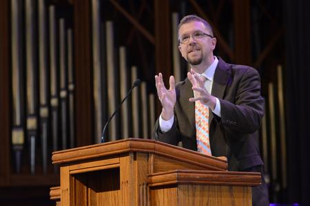 Justin Barnard, associate dean of the Institute for Intellectual Discipleship and associate professor of philosophy, speaks on Matthew 25:14-30 for the Preview Day chapel. - Photo by Emily Stookey