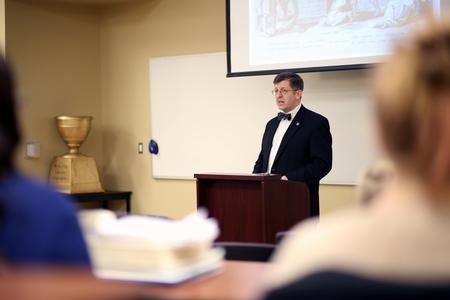 Ray Van Neste, director of the R.C. Ryan Center for Biblical Studies and professor of Biblical studies, speaks at the first Town and Gown lecture on "Respected but Neglected: Biblical Illiteracy in the Church." - Photo by Amanda Rohde