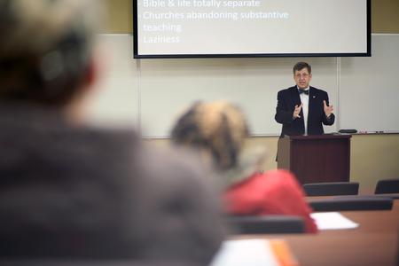 Ray Van Neste, director of the R.C. Ryan Center for Biblical Studies and professor of Biblical studies, speaks at the first Town and Gown lecture on "Respected but Neglected: Biblical Illiteracy in the Church." - Photo by Amanda Rohde