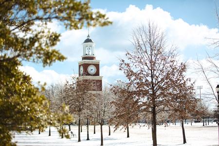 Miller Tower and the Great Lawn on a snowy and icy day. - Photo by Kristi McMurry Woody