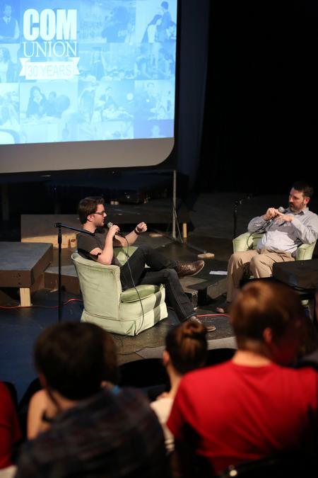 Cam Tracy, web development agent, interviews Timothy Simpson, senior media communications major, after showing his films at the Student Film Festival. - Photo by Kristi McMurry Woody