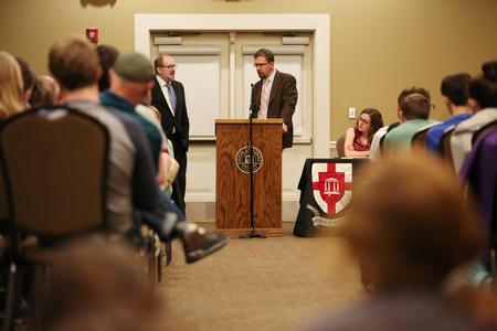 Jay Watts, vice president of the Life Training Institute, debates with Justin Barnard, associate professor of philosophy, during the University Ministries event "Is Abortion Immoral? A Debate." The debate drew a large crowd in the Carl Grant Events Center. - Photo by Kristi McMurry Woody