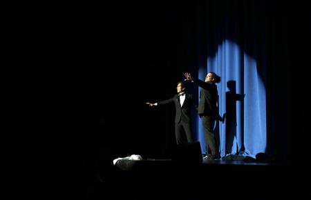 Eddie Echeverria, sophomore political science major, and Reed McLean, junior computer science major, host SAC's 2015 Variety Show. - Photo by Amanda Rohde
