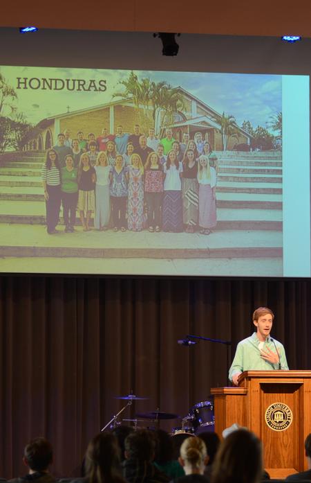 Andrew Stricklin, senior chemistry major, reports about the spring break GO Trip to Honduras during the GO Trip Report chapel. - Photo by MiKalla Cotton